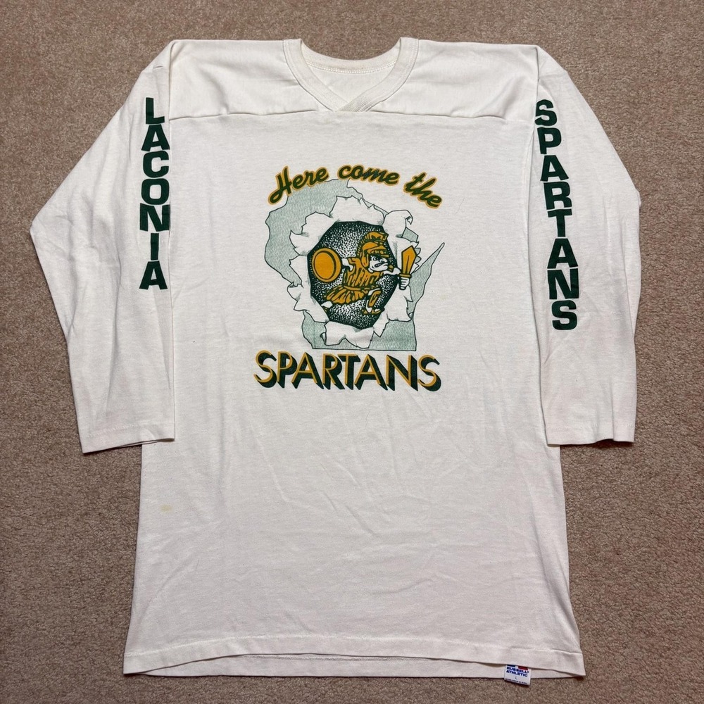 Vtg 80s Russell Jersey Shirt Mens Large Laconia Spartans Cotton Blend Made USA